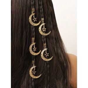 Gold Crescent Moon & Star Hair Charms – Boho Braid Jewelry Clip Set